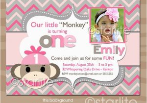 Sock Monkey Invitations 1st Birthday Photo Birthday Invitation Girl sock Monkey Pink Grey