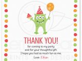 Thank You Card after Birthday Party Monster with Three Eyes Balloon and Party Hat Birthday