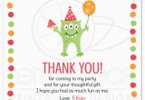 Thank You Card for Kids Birthday Monster with Three Eyes Balloon and Party Hat Birthday