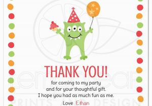 Thank You Card for Kids Birthday Monster with Three Eyes Balloon and Party Hat Birthday