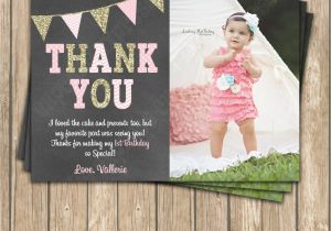 Thank You Cards for 1st Birthday One First Birthday Girl Coral Pink Gold Printable Photo Thank