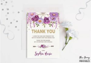 Thank You Note for Birthday Flowers Purple and Gold Floral Birthday Thank You Card Boho