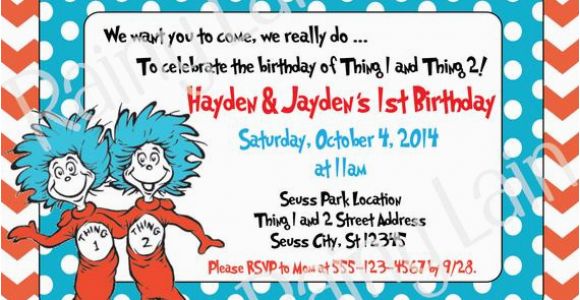 Thing One and Thing Two Birthday Invitations Thing 1 and Thing 2 Printable Twin Birthday Party Invitation
