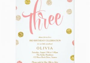 Third Birthday Invitation Wording Third Birthday Invitation Pink and Gold Card Zazzle Com