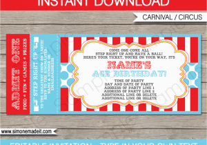 Ticket Birthday Invitation Template Circus Ticket Invitation Template Carnival or Circus Party