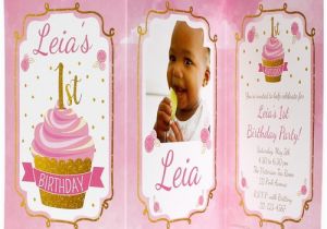 Tri Fold Birthday Invitations Pink and Gold 1st Birthday Tri Fold Invitations