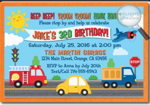 Truck themed Birthday Invitations Planes Cars Firetruck Transportation Invitations Di 383