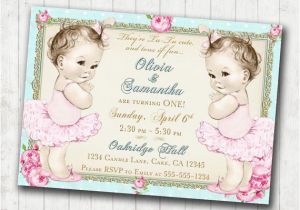 Twin 1st Birthday Invitations Twins 1st Birthday Invitation for Twin Girls Shabby Chic