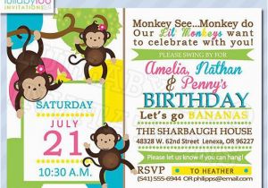 Twins 2nd Birthday Invitation Wording Monkey Birthday Invitations for Twins Triplets by