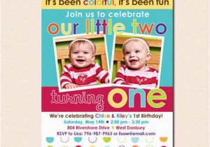 Twins First Birthday Party Invitations Colorful Fun Year Twins 39 First Birthday Party Invitation