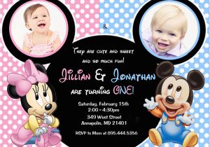 Twins First Birthday Party Invitations Minnie Mouse Mickey Mouse Baby One Twins First Birthday Party