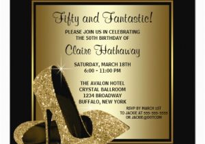 Womans 50th Birthday Invitations Black Gold High Heels Womans Birthday Party Invitation