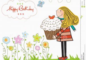 Www.happy Birthday Cards Birthday Card with Blonde Girl and Cupcake Stock Image